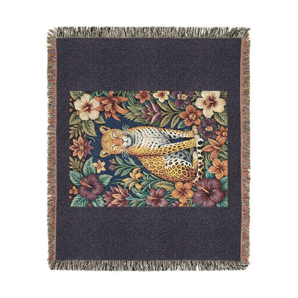 Floral Leopard Tapestry Woven Blanket | Vintage Botanical Cat Motif