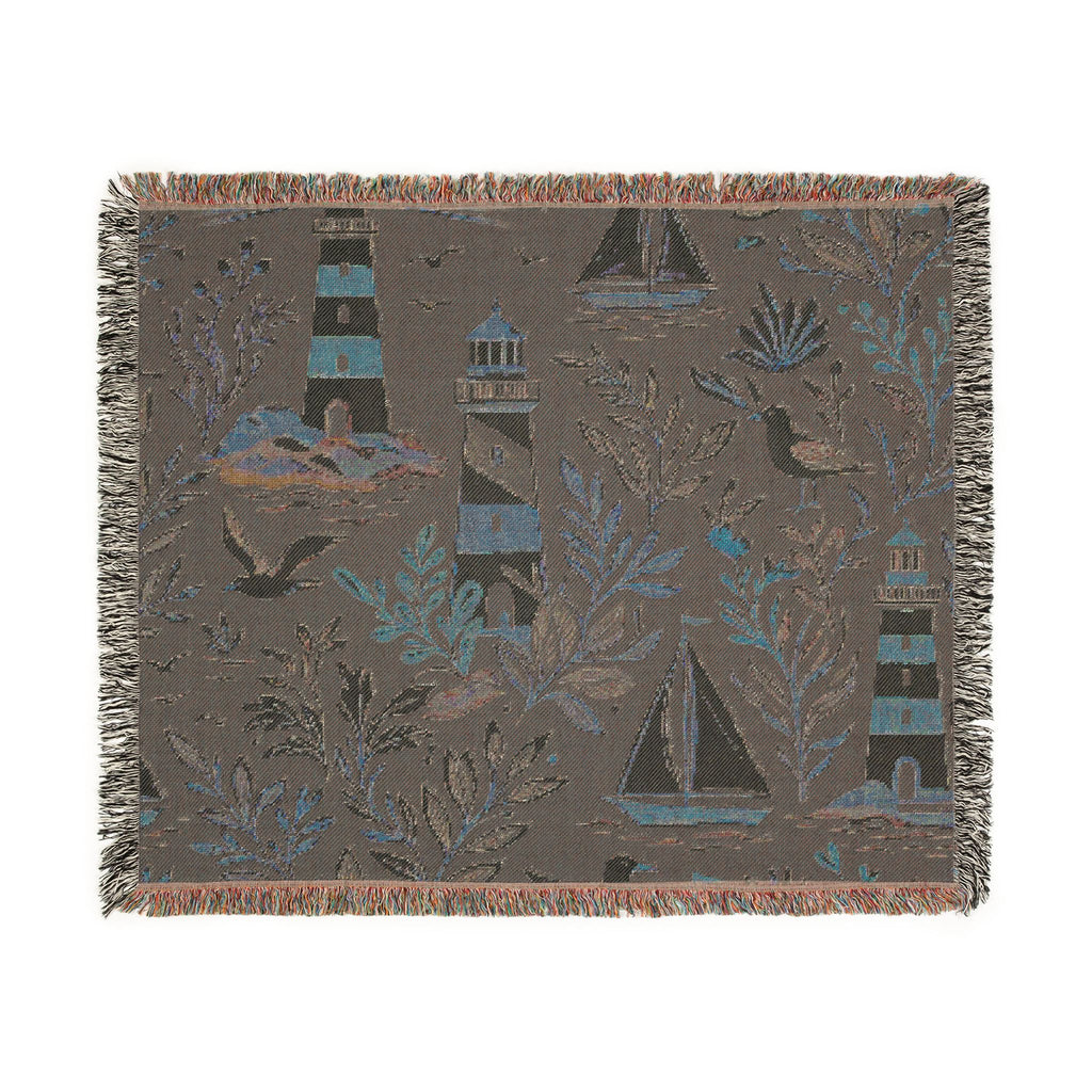 Nautical Lighthouse Sailboat Woven Blanket | Coastal Ocean Throw