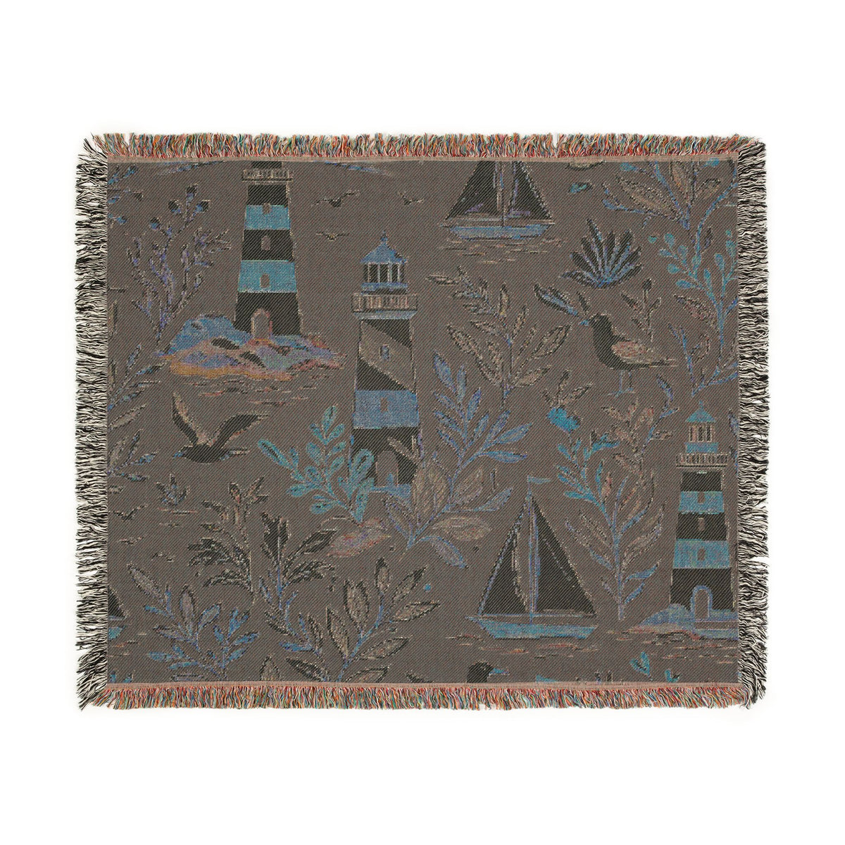 Nautical Lighthouse Sailboat Woven Blanket | Coastal Ocean Throw