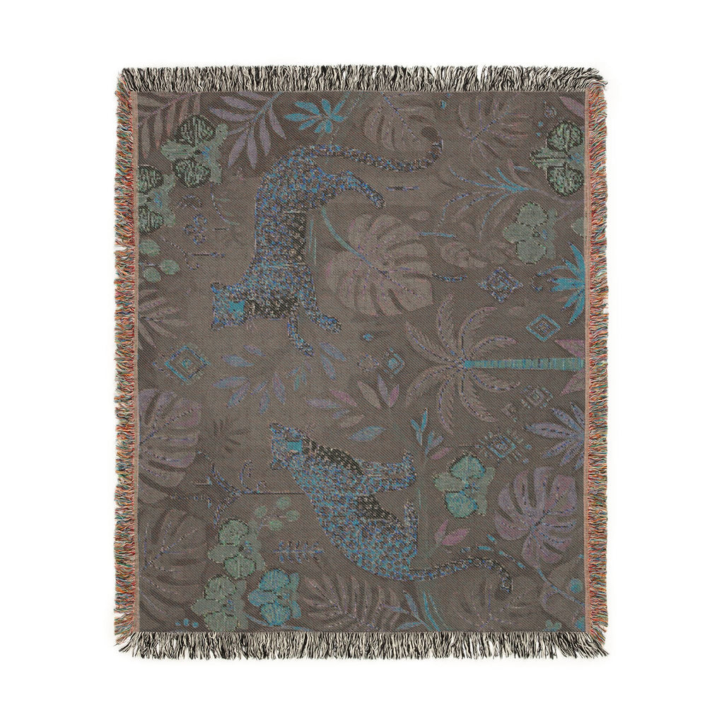 Jungle Leopard Tapestry Woven Blanket | Tropical Foliage Throw
