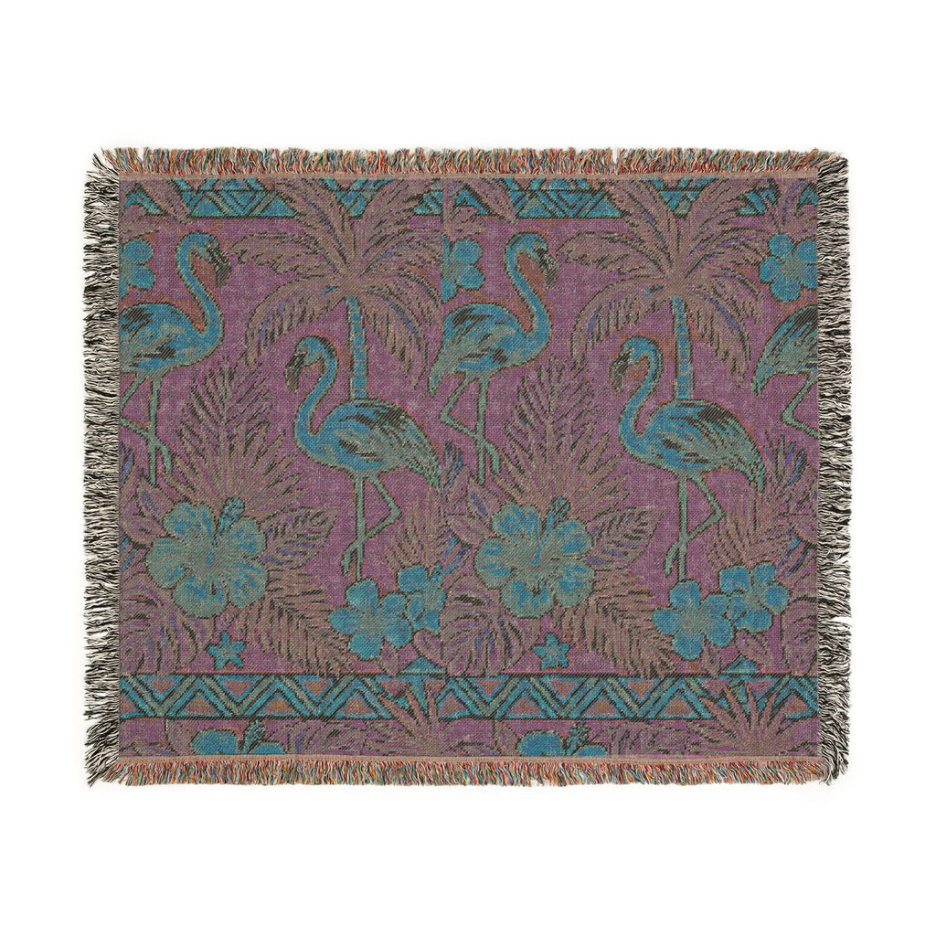Tropical Flamingo Pattern Blanket | Woven Throw with Palm & Hibiscus
