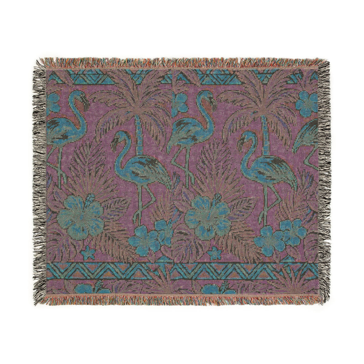 Tropical Flamingo Pattern Blanket | Woven Throw with Palm & Hibiscus