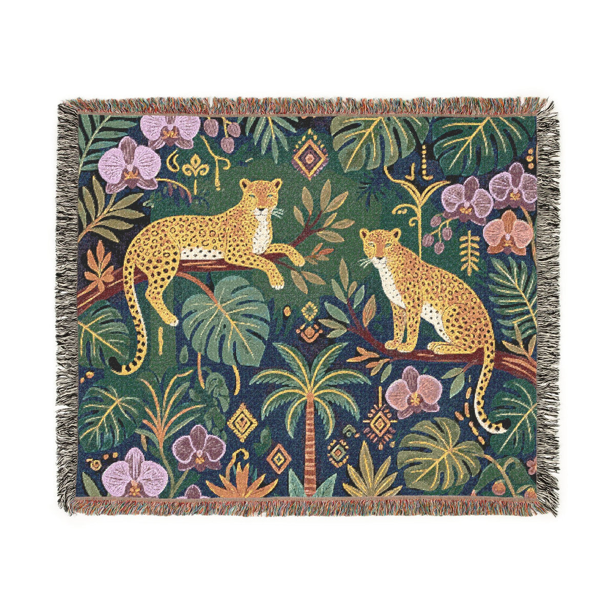 Jungle Leopard Tapestry Woven Blanket | Tropical Foliage Throw