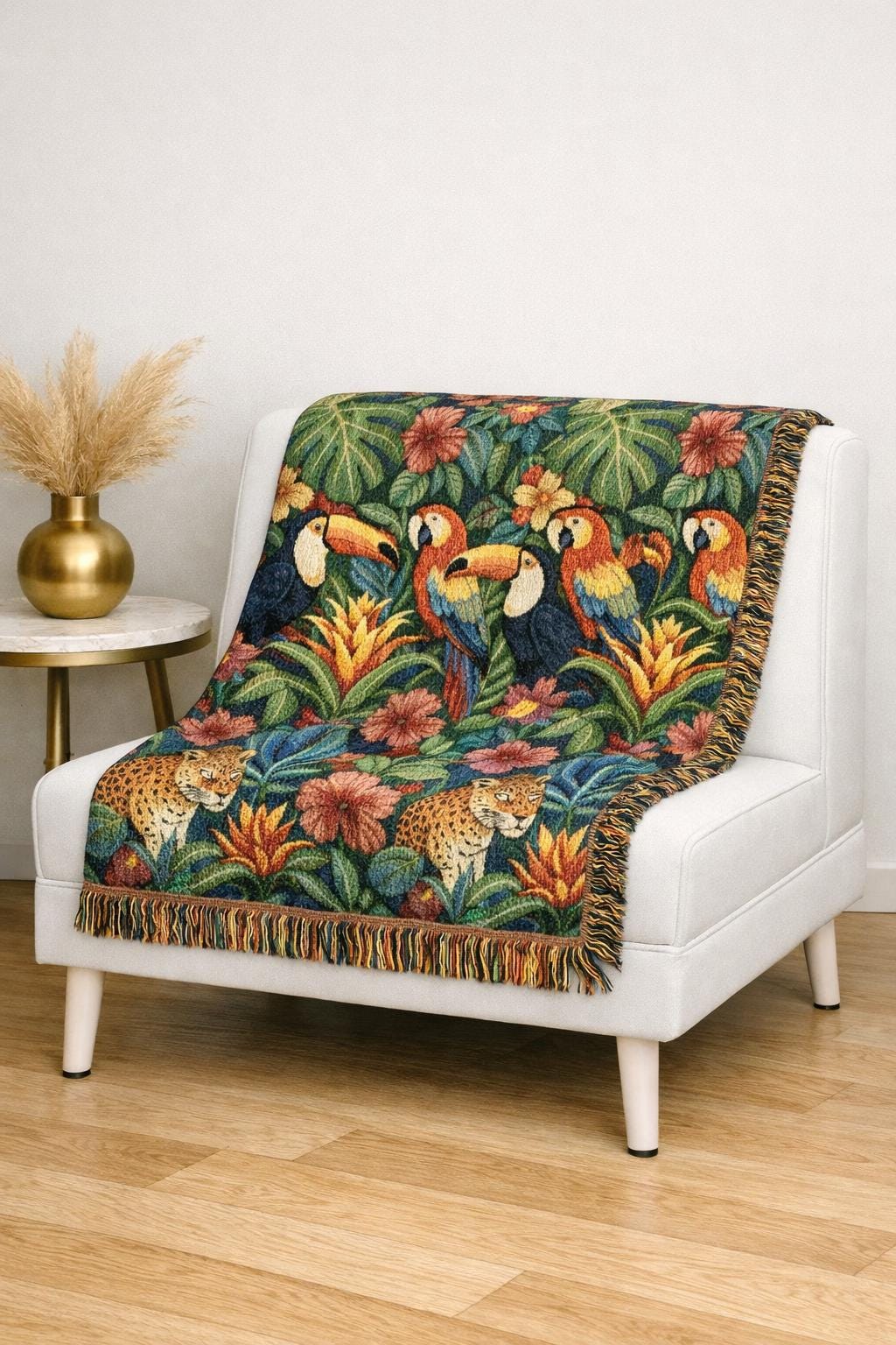 Tropical Toucan Floral Woven Blanket | Jungle Leaves Tapestry Throw