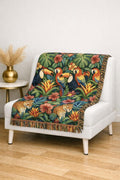 Tropical Toucan Floral Woven Blanket | Jungle Leaves Tapestry Throw