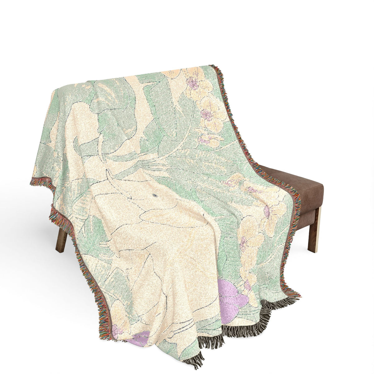 Art Nouveau Elephant Pattern Woven Blanket | Floral Tapestry Throw