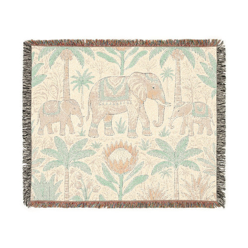 Boho Elephant Family Woven Blanket | Tropical Palm Tapestry Throw