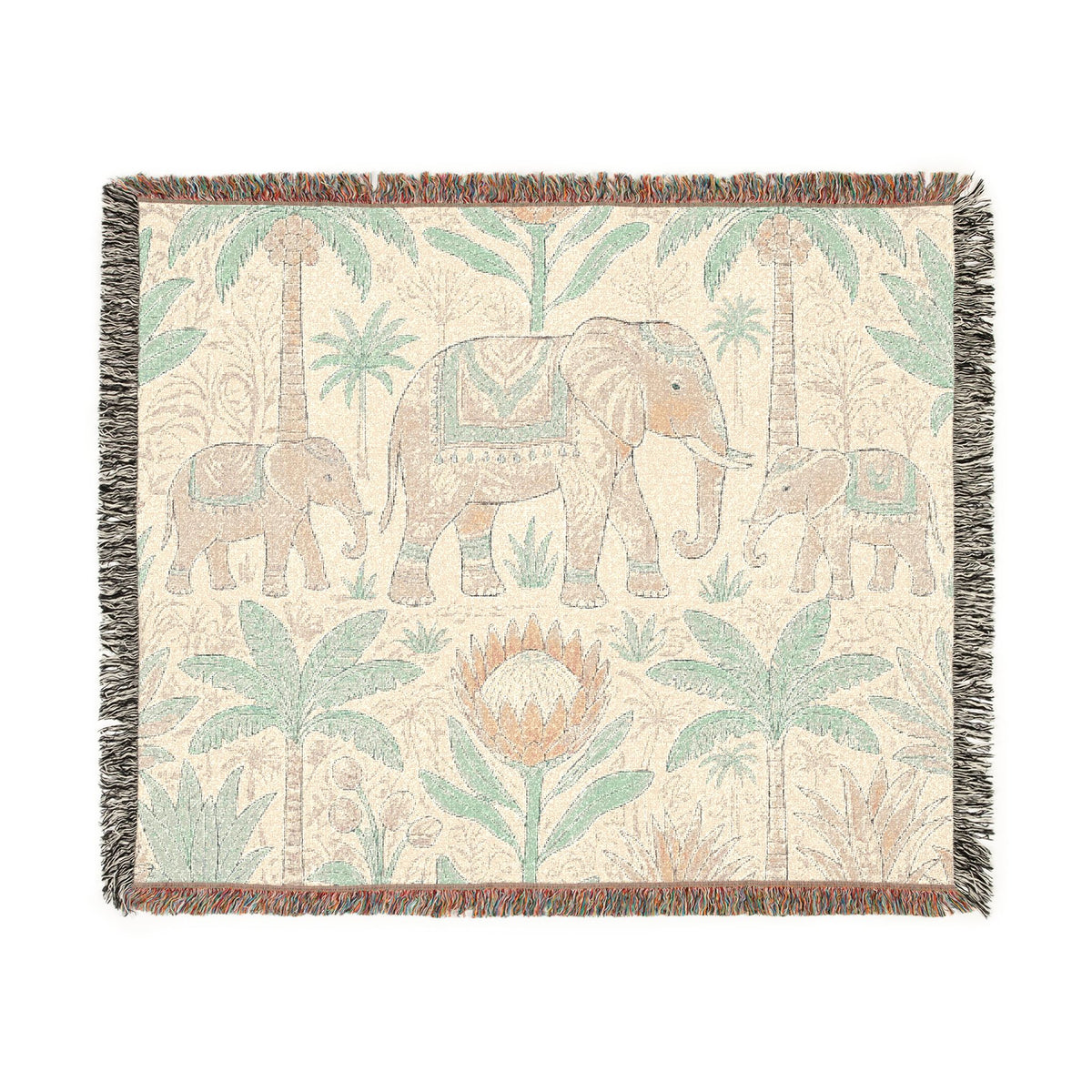 Boho Elephant Family Woven Blanket | Tropical Palm Tapestry Throw