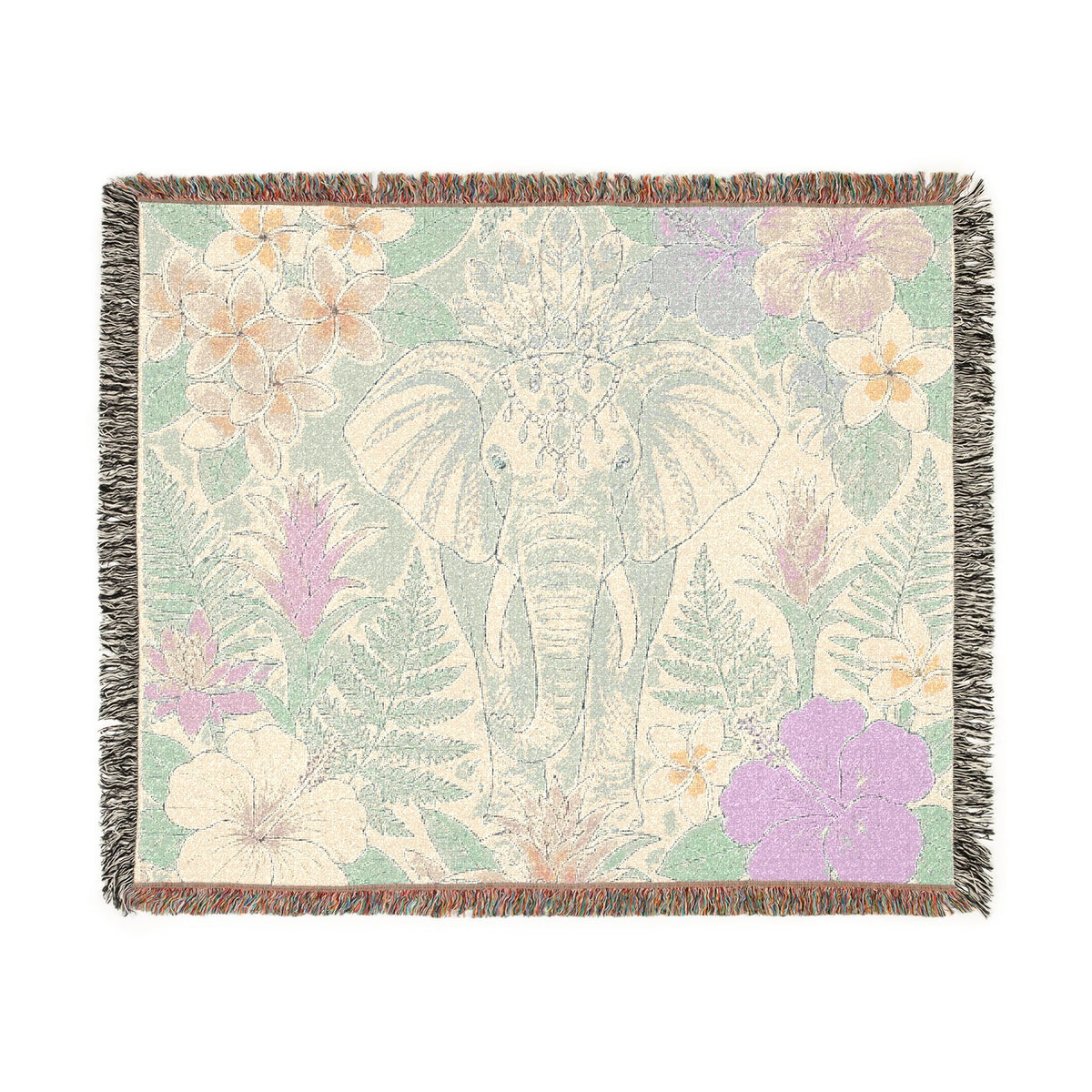 Floral Elephant Woven Blanket | Pastel Boho Jungle Throw