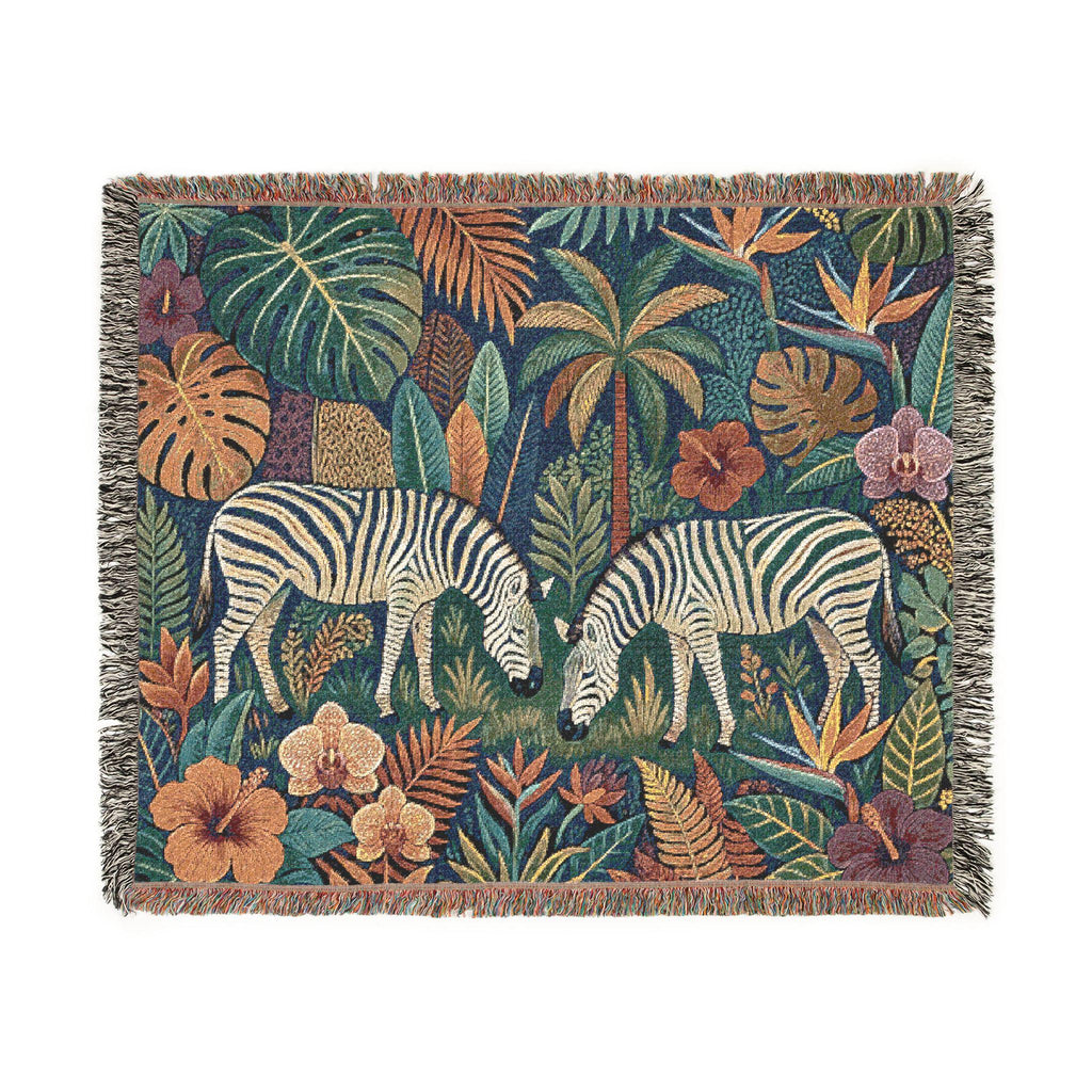 Tropical Zebra Jungle Woven Blanket | Botanical Palm Leaves, Floral Tapestry Throw