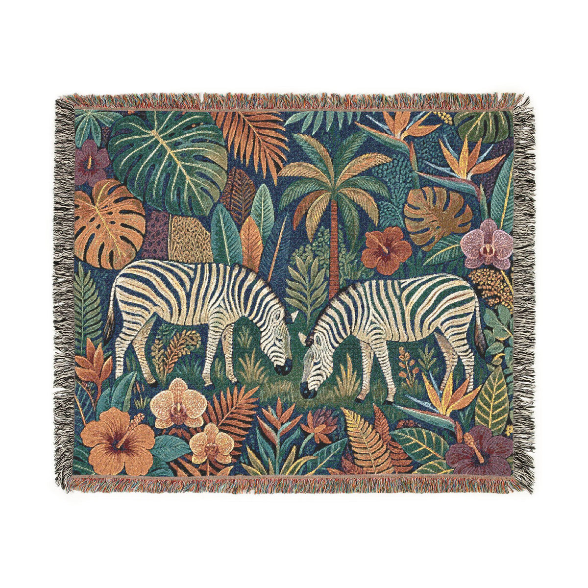 Tropical Zebra Jungle Woven Blanket | Botanical Palm Leaves, Floral Tapestry Throw