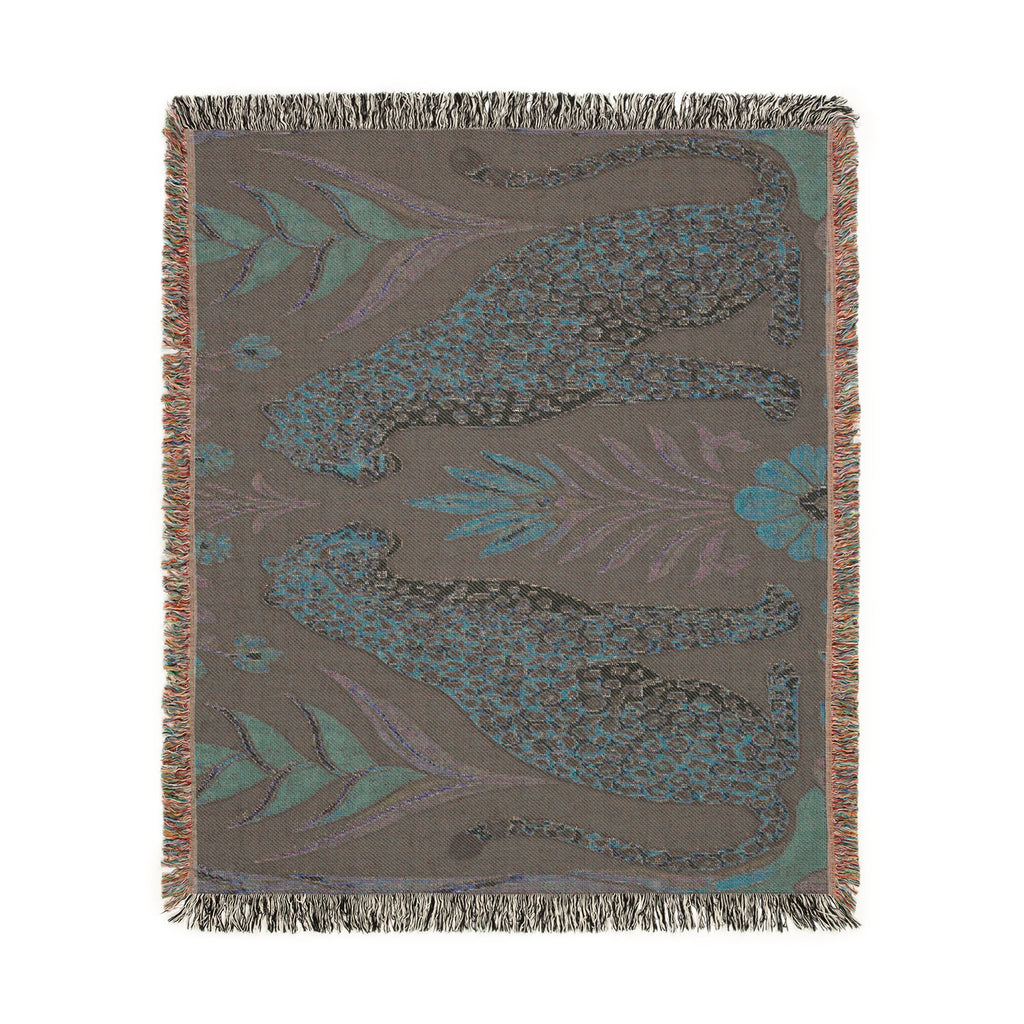Two Sitting Leopards Woven Blanket | Botanical Motif, Tapestry Throw
