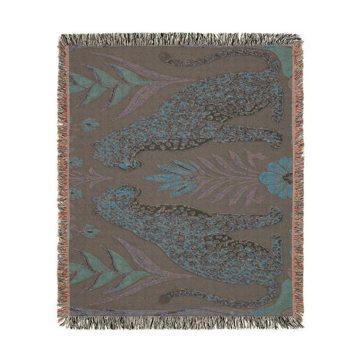 Two Sitting Leopards Woven Blanket | Botanical Motif, Tapestry Throw