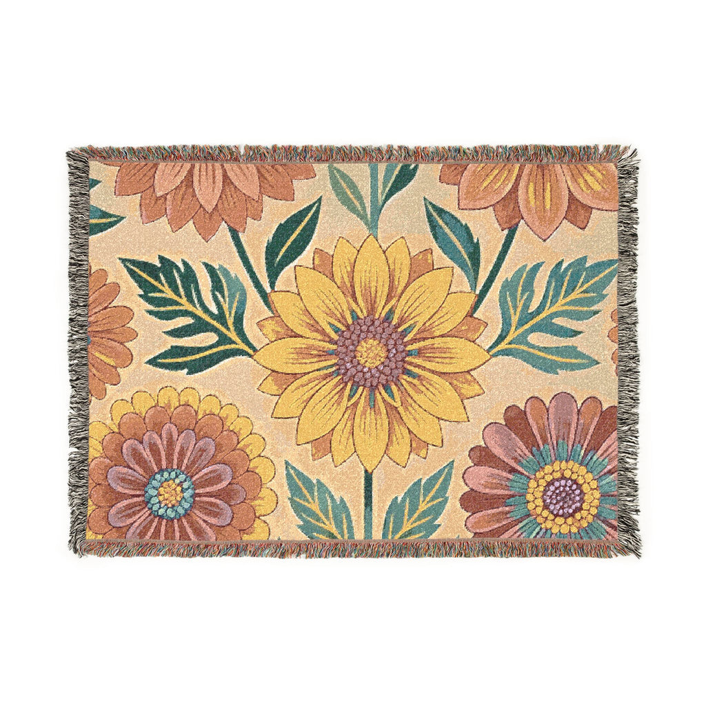 Sunflower and Dahlia floral Woven Blanket | boho floral throw tapestry