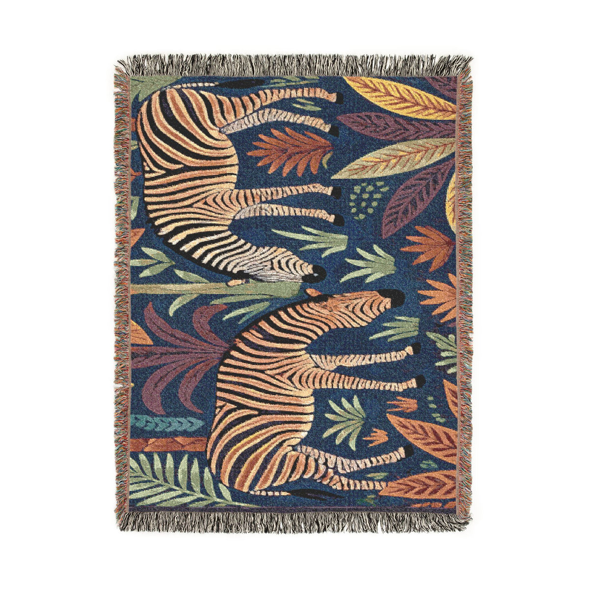 Striped Zebra Jungle Woven Blanket | Animal Print Throw, Botanical Motif