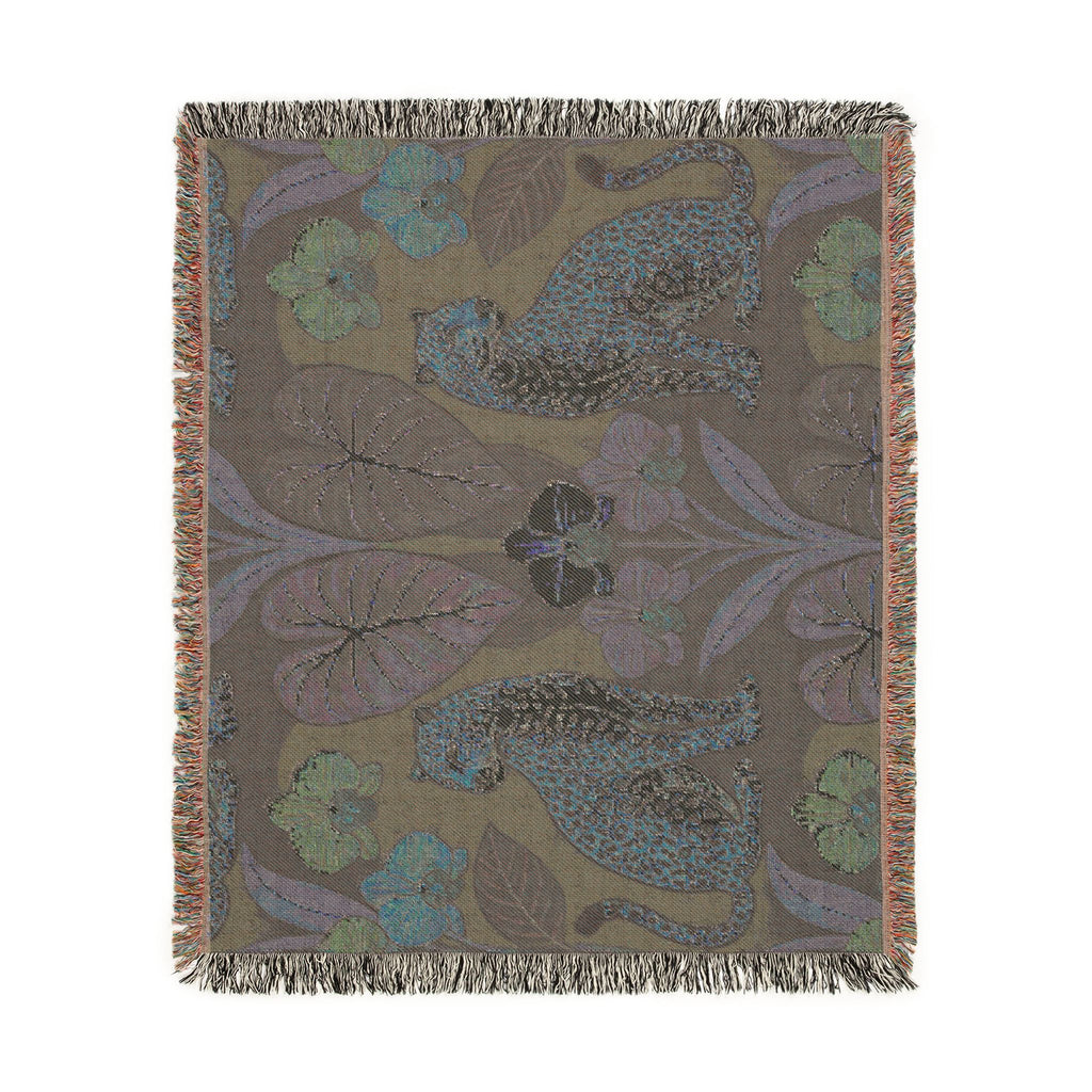Leopard Botanical Woven Blanket | Tropical Leaves, Orchid Motif