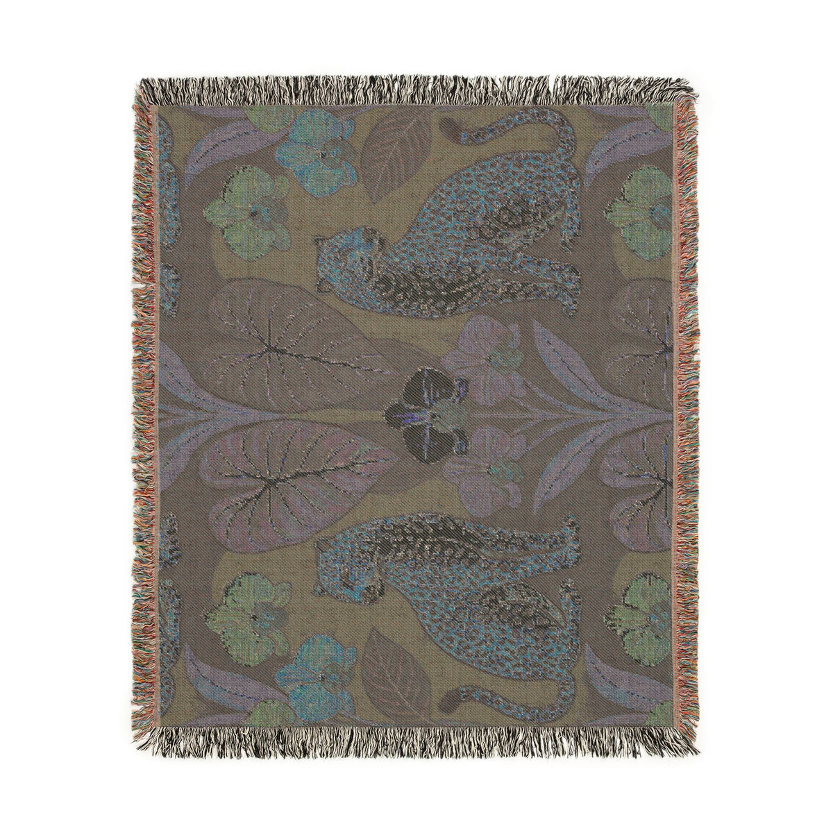 Leopard Botanical Woven Blanket | Tropical Leaves, Orchid Motif