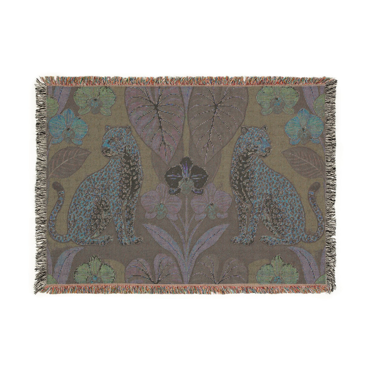 Leopard Botanical Woven Blanket | Tropical Leaves, Orchid Motif