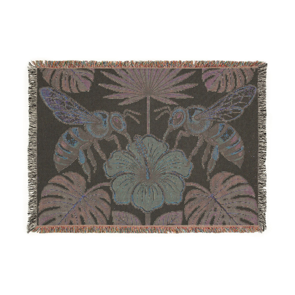 Hibiscus and Bees Woven Blanket | Tropical Floral Throw