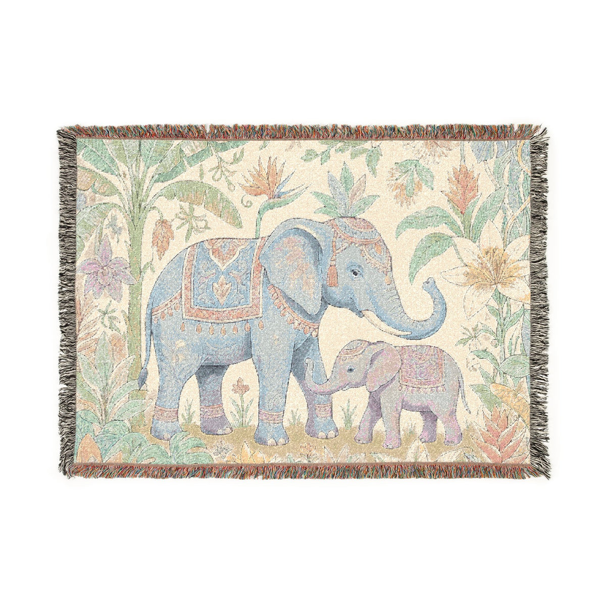 Boho Elephant Family Woven Blanket | Tapestry Throw, Jungle Floral