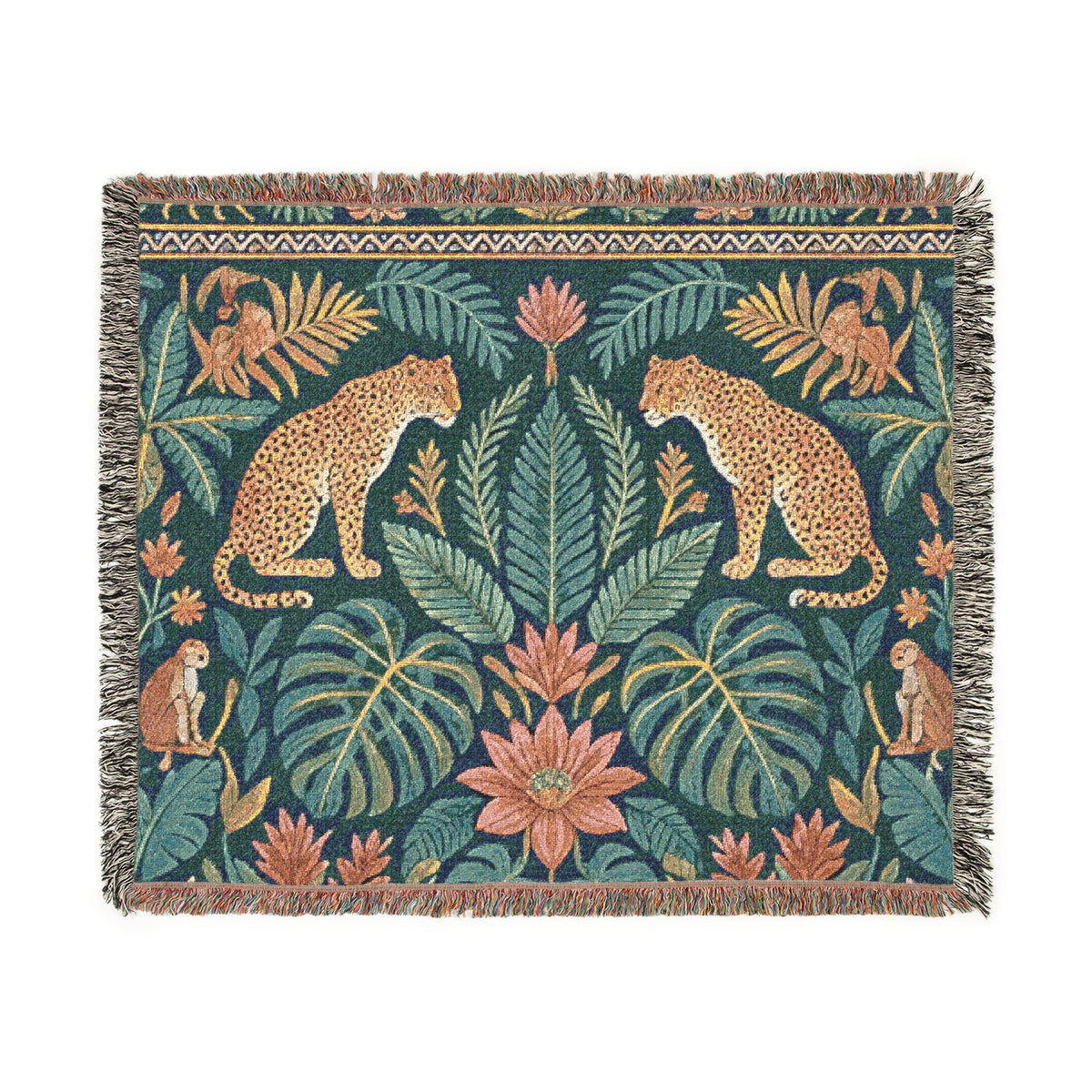 Tropical Leopard Jungle Woven Blanket | Botanical Throw, Tapestry Style