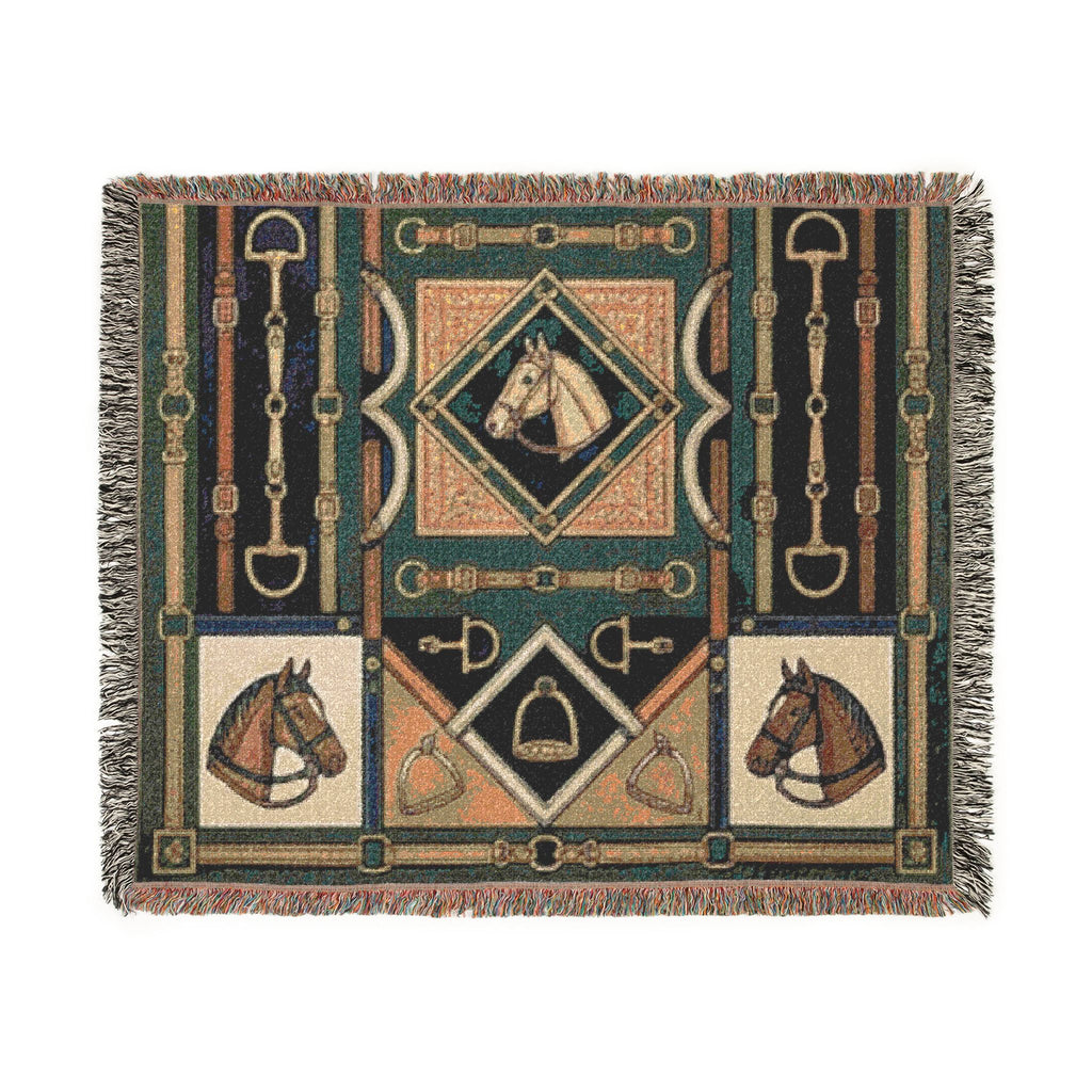 Equestrian Horse Bit Pattern Woven Blanket | Horse Head, Bridles, Stirrups