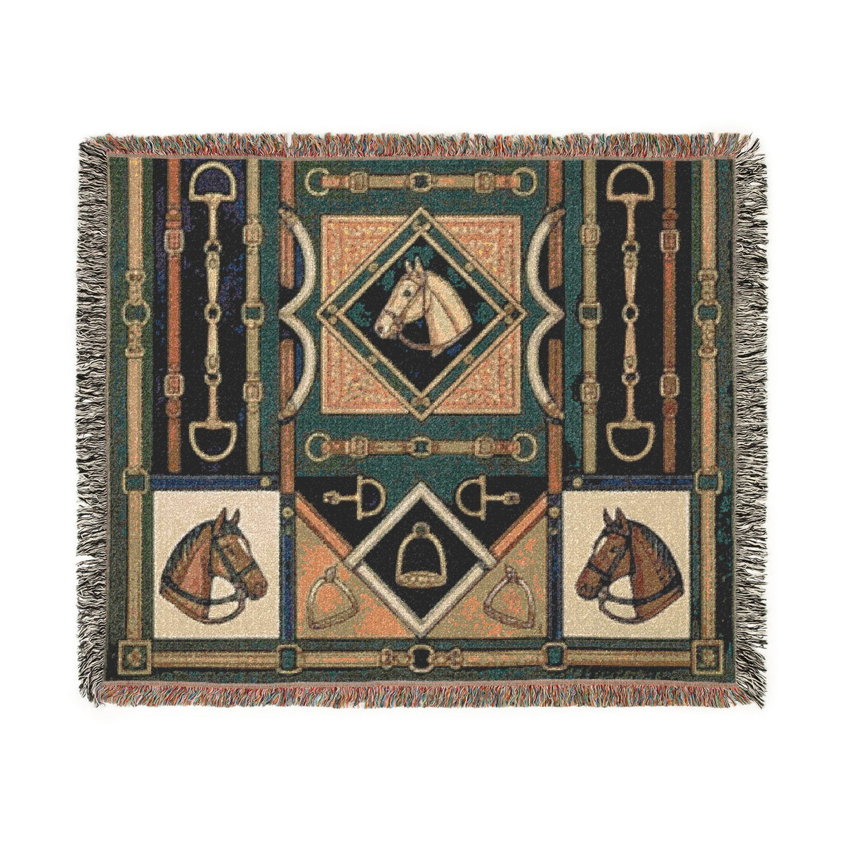 Equestrian Horse Bit Pattern Woven Blanket | Horse Head, Bridles, Stirrups