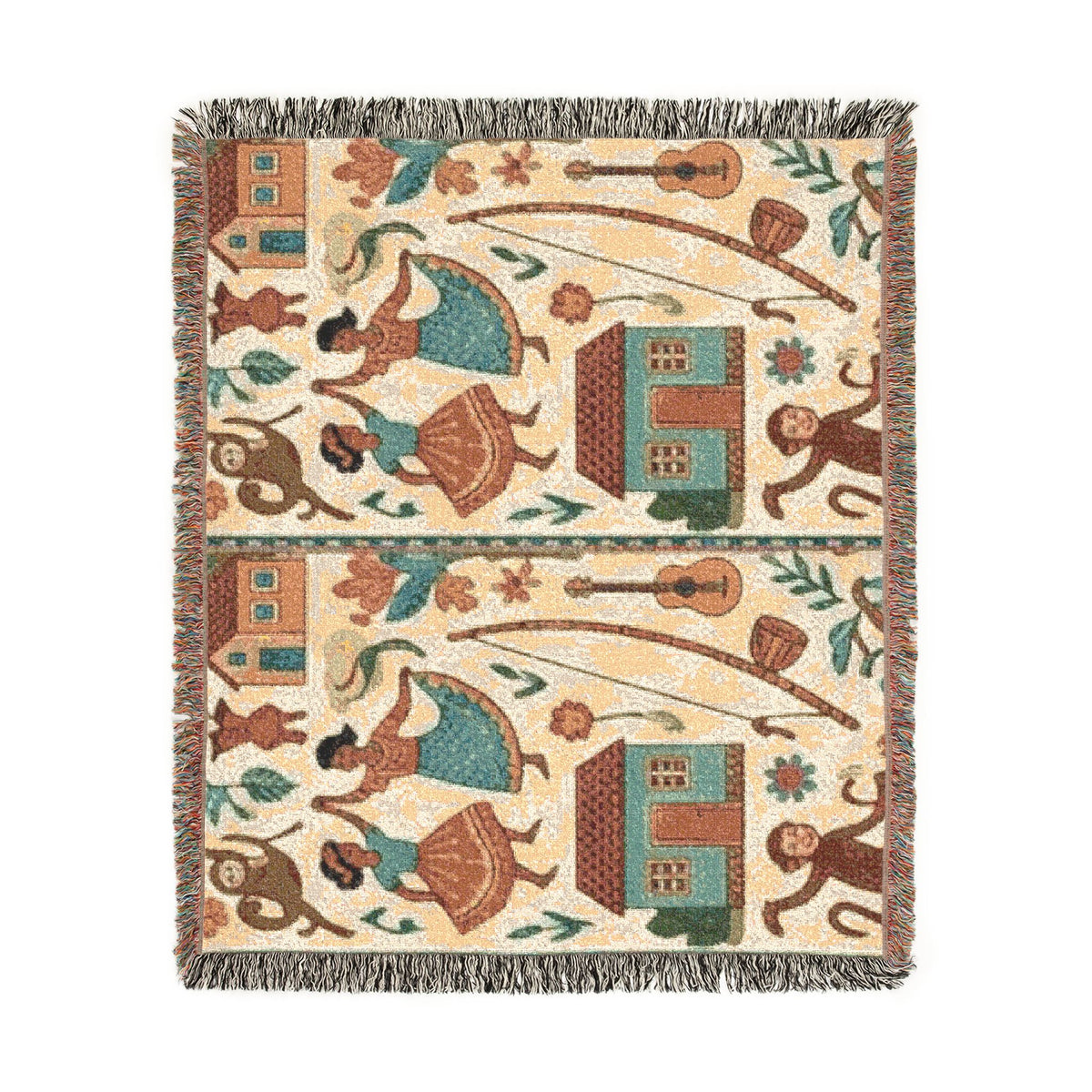 Folk Dance Pattern Woven Blanket | Southwestern House and Guitar Throw
