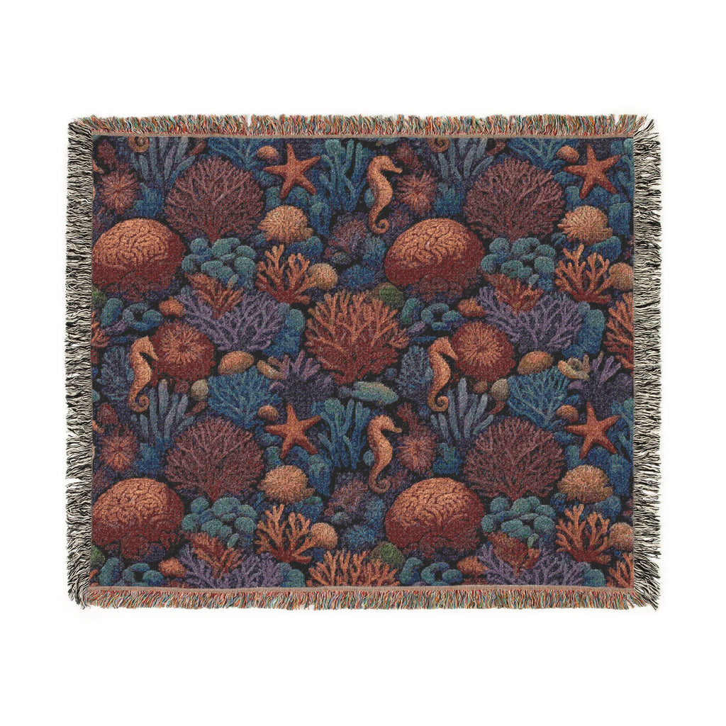 Underwater Coral Reef Woven Blanket | Seahorses, Starfish, Ocean Tapestry Throw