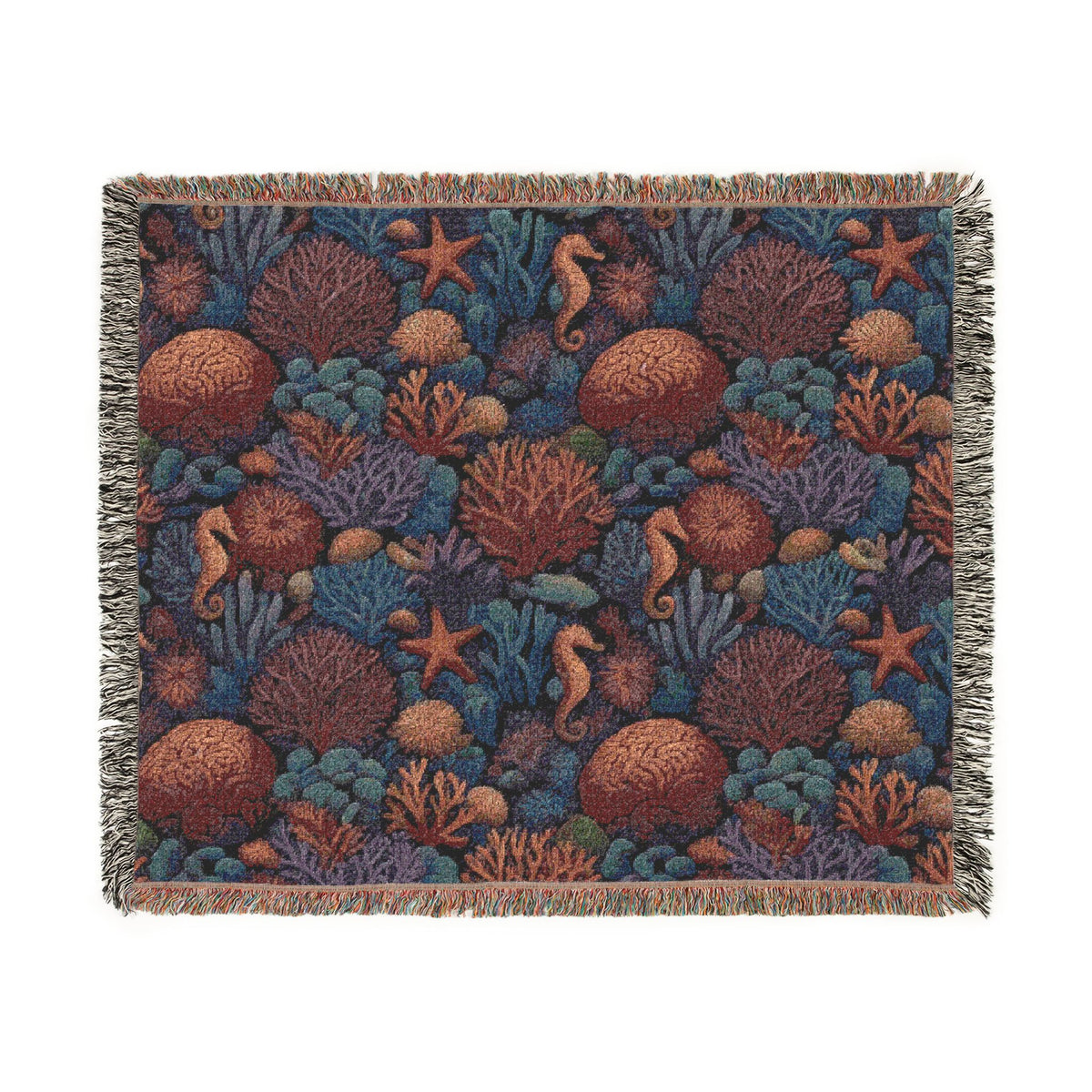 Underwater Coral Reef Woven Blanket | Seahorses, Starfish, Ocean Tapestry Throw