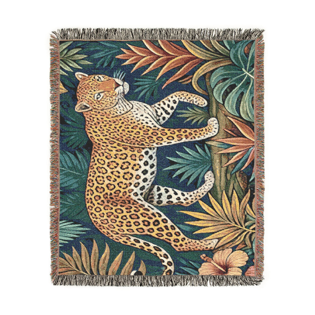 Leopard Jungle Tapestry Woven Blanket | Botanical Animal Throw