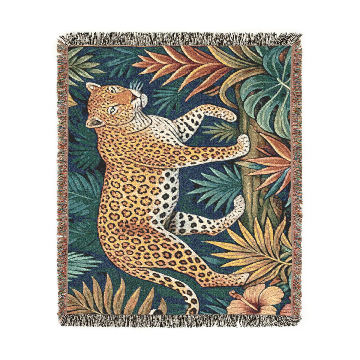 Leopard Jungle Tapestry Woven Blanket | Botanical Animal Throw