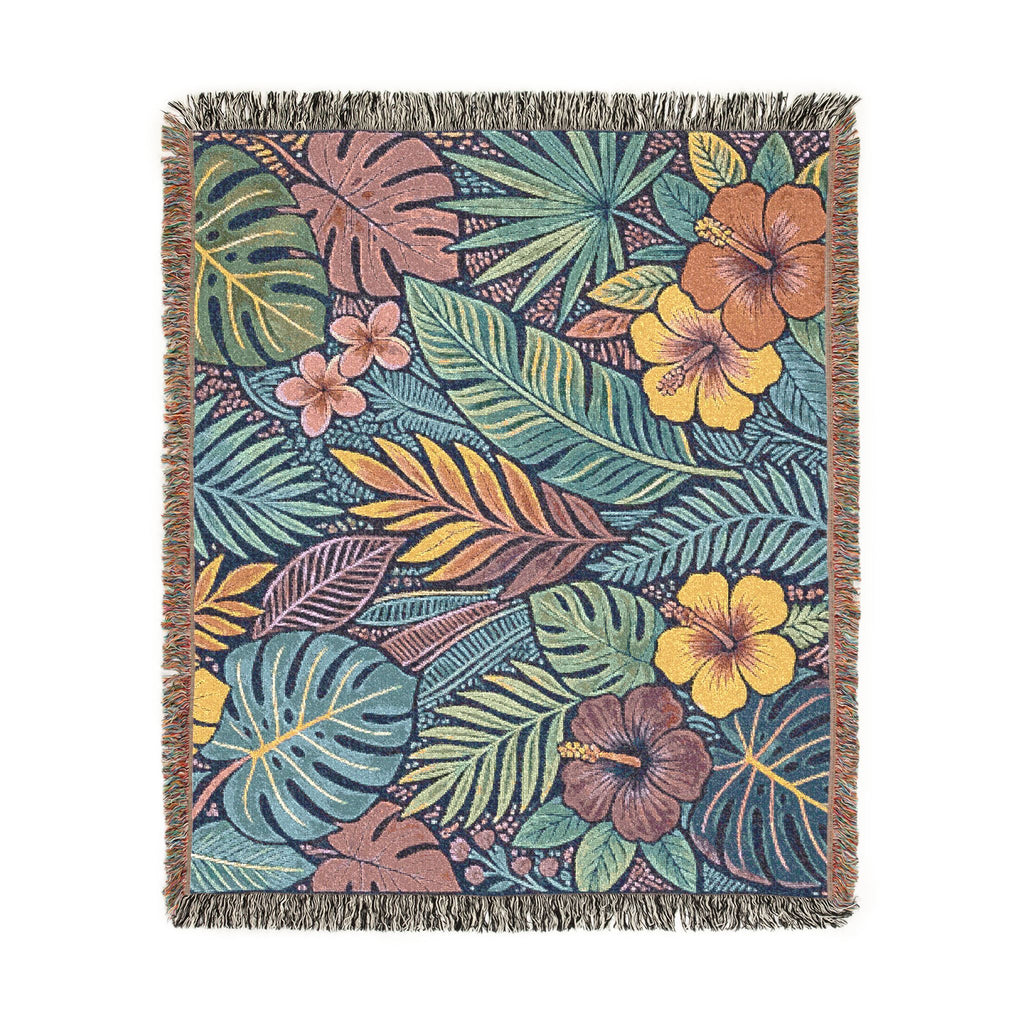 Tropical Floral Woven Blanket | Botanical Leaves Hibiscus Throw