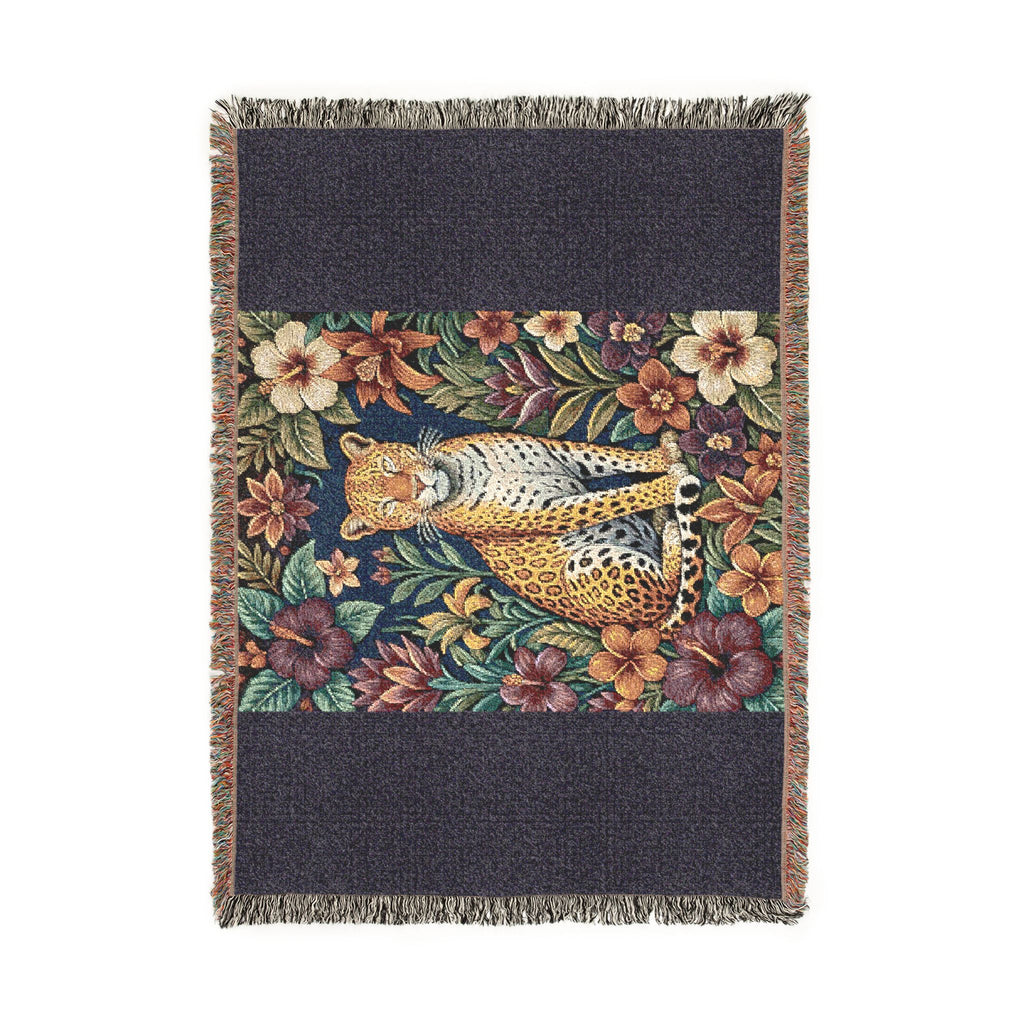 Floral Leopard Tapestry Woven Blanket | Vintage Botanical Cat Motif
