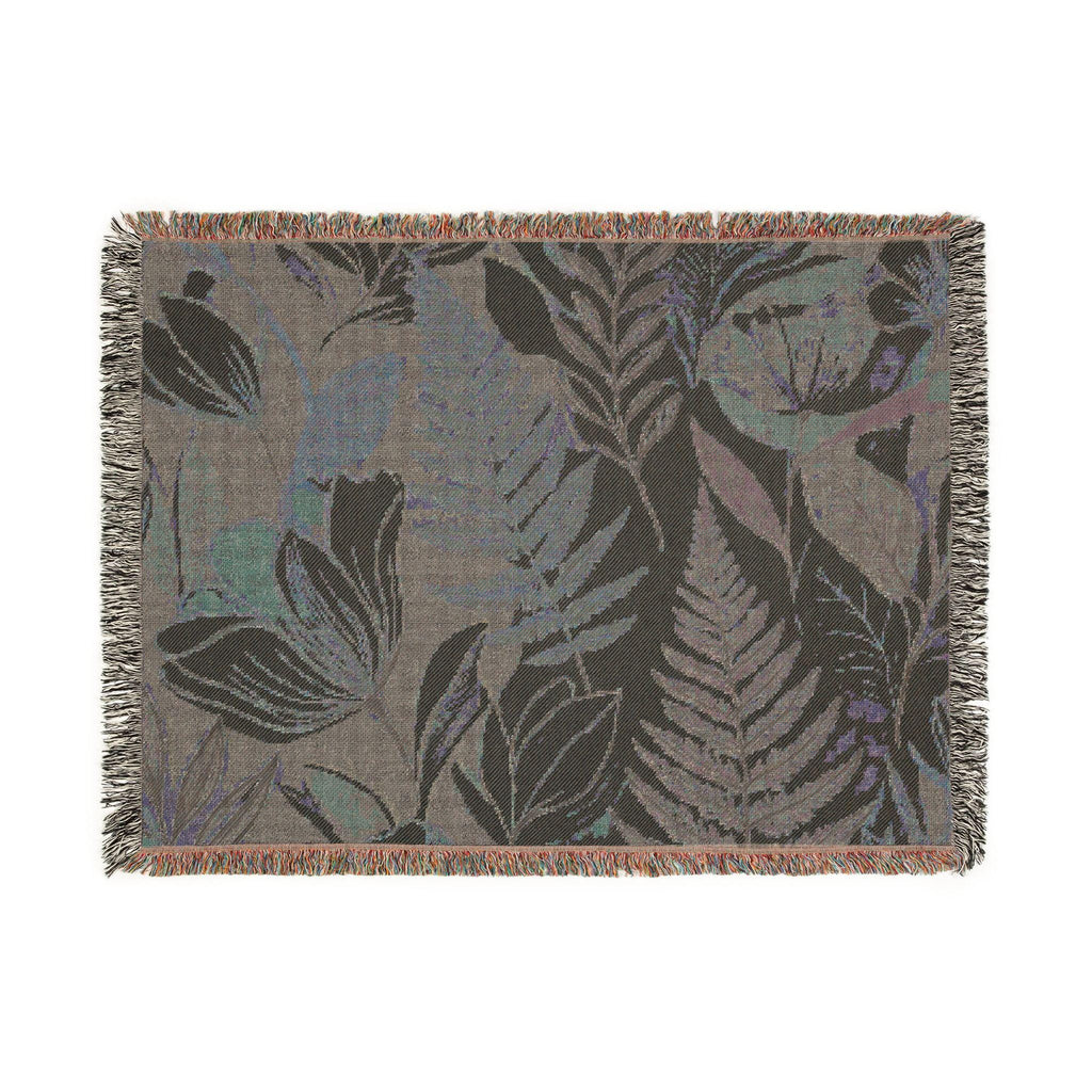 Modern Floral Fern Woven Blanket, Botanical Cotton Throw, Fringed Edges