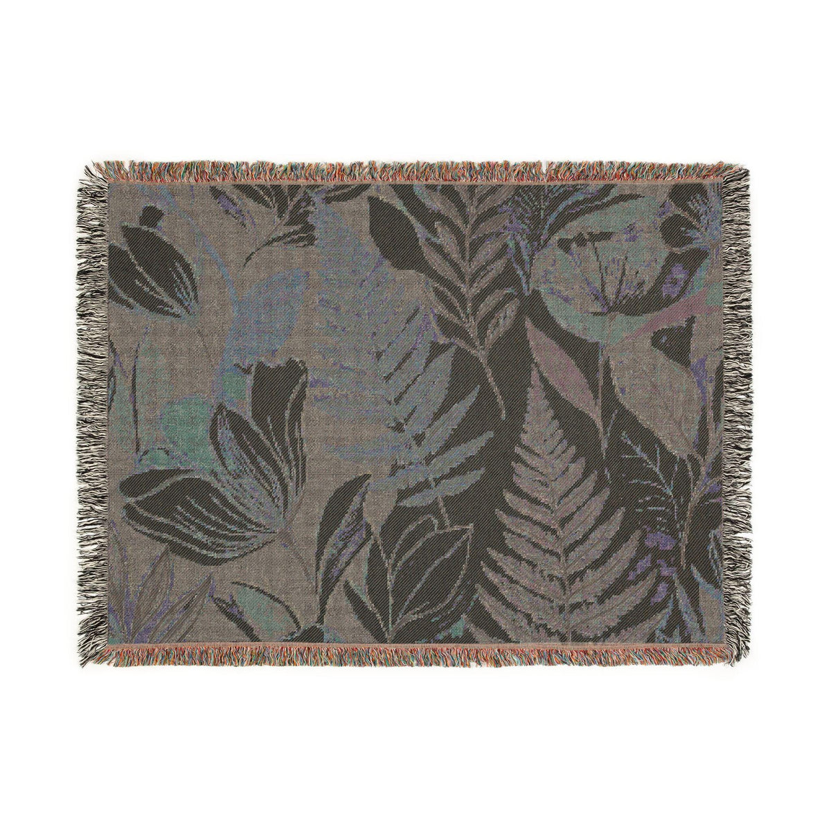 Modern Floral Fern Woven Blanket, Botanical Cotton Throw, Fringed Edges