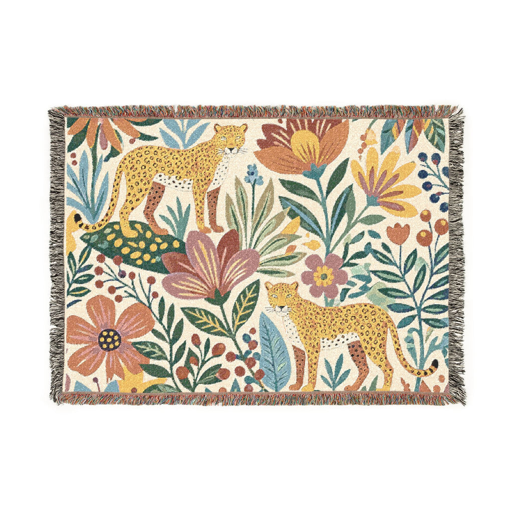 Floral Leopard Pattern Woven Blanket | Botanical Jungle Throw