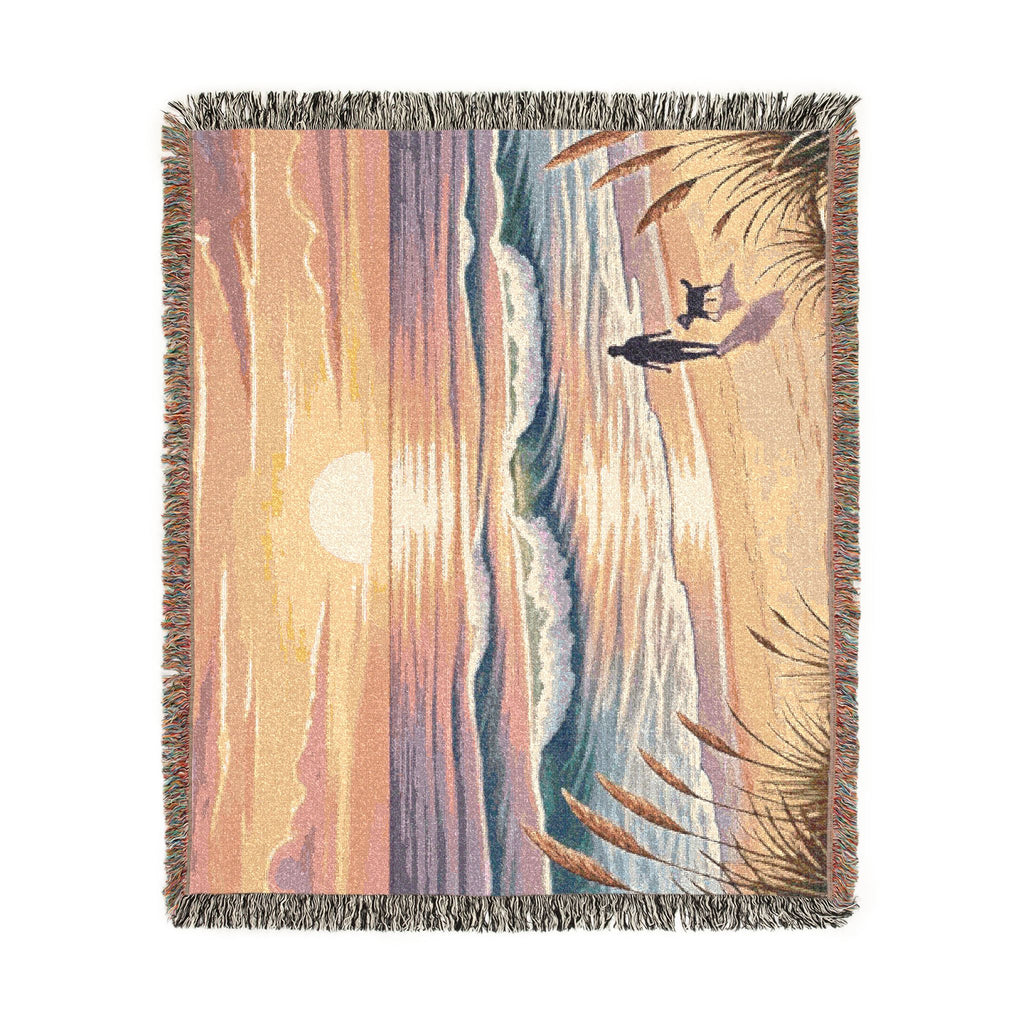 Sunset Beach Walk Woven Blanket | Coastal Ocean Scene Throw