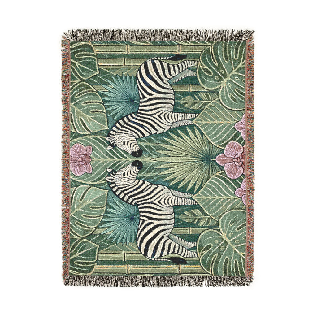 Art Deco Zebra Tapestry Woven Blanket | Jungle Palm Motif