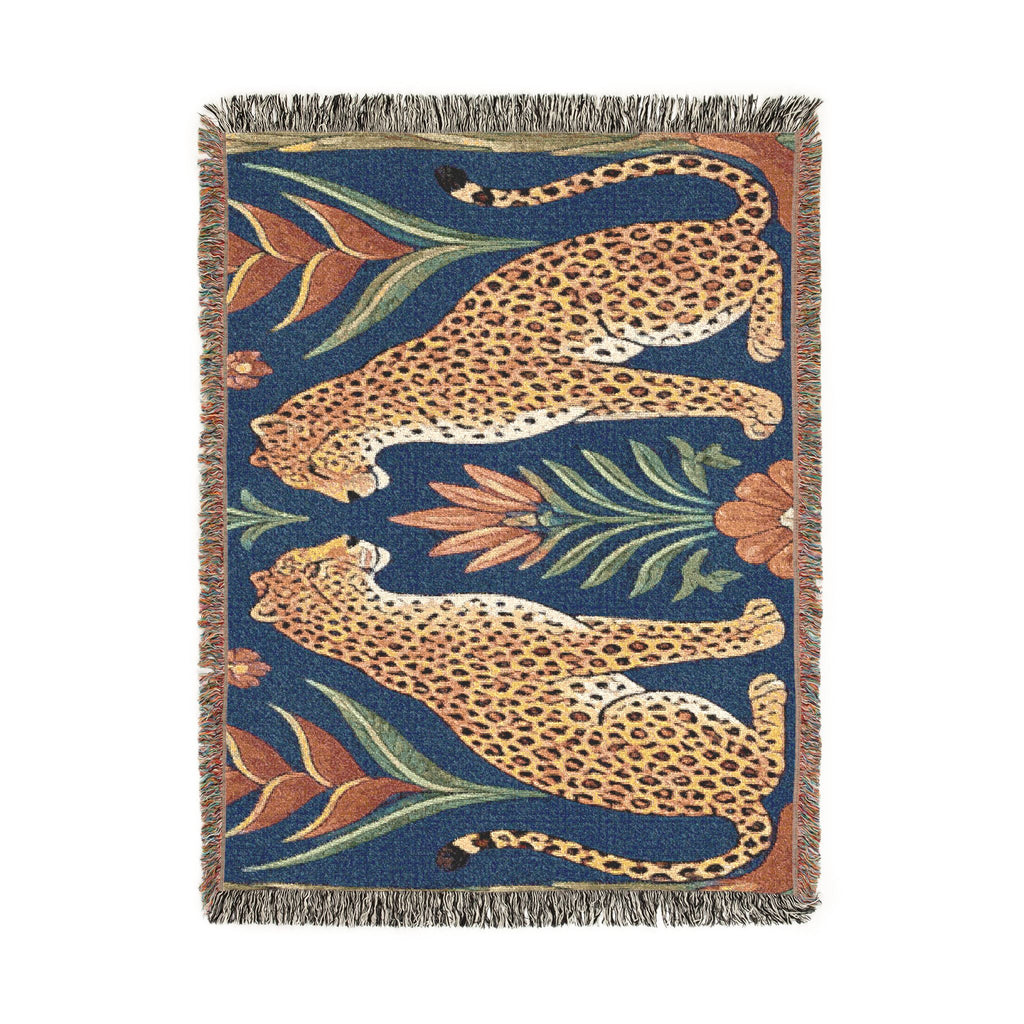 Two Sitting Leopards Woven Blanket | Botanical Motif, Tapestry Throw