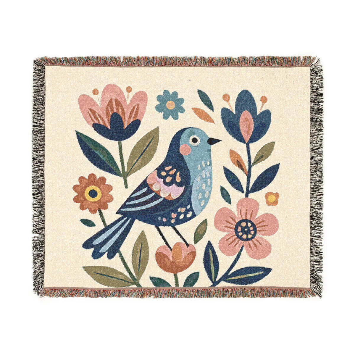 Folk Bird Floral Woven Blanket | Tapestry Throw with Cottagecore Flowers