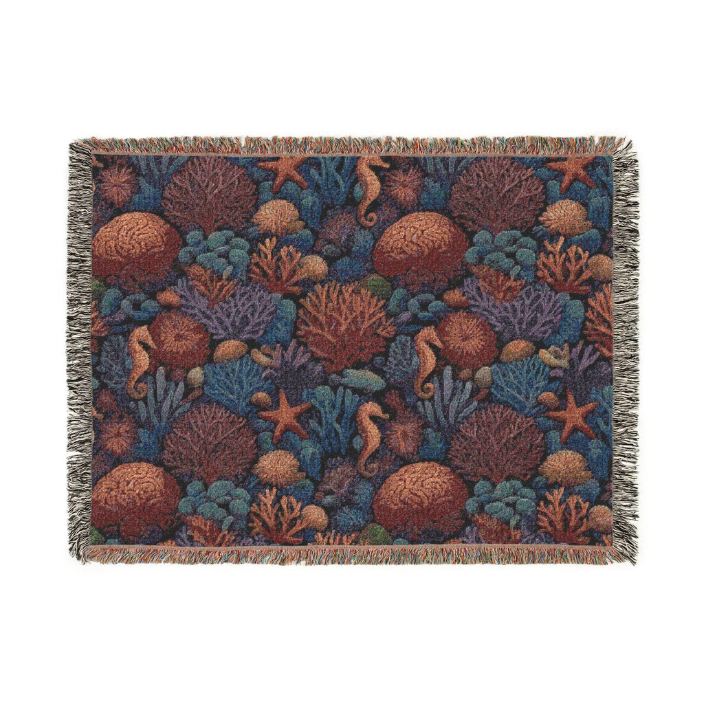 Underwater Coral Reef Woven Blanket | Seahorses, Starfish, Ocean Tapestry Throw