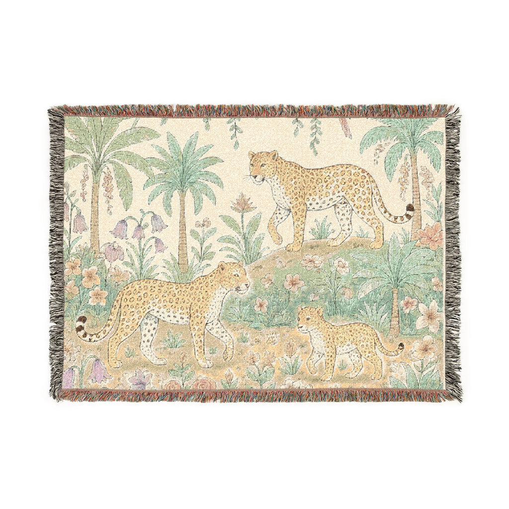 Jungle Leopard Tapestry Woven Blanket | Tropical Palm Animal Throw