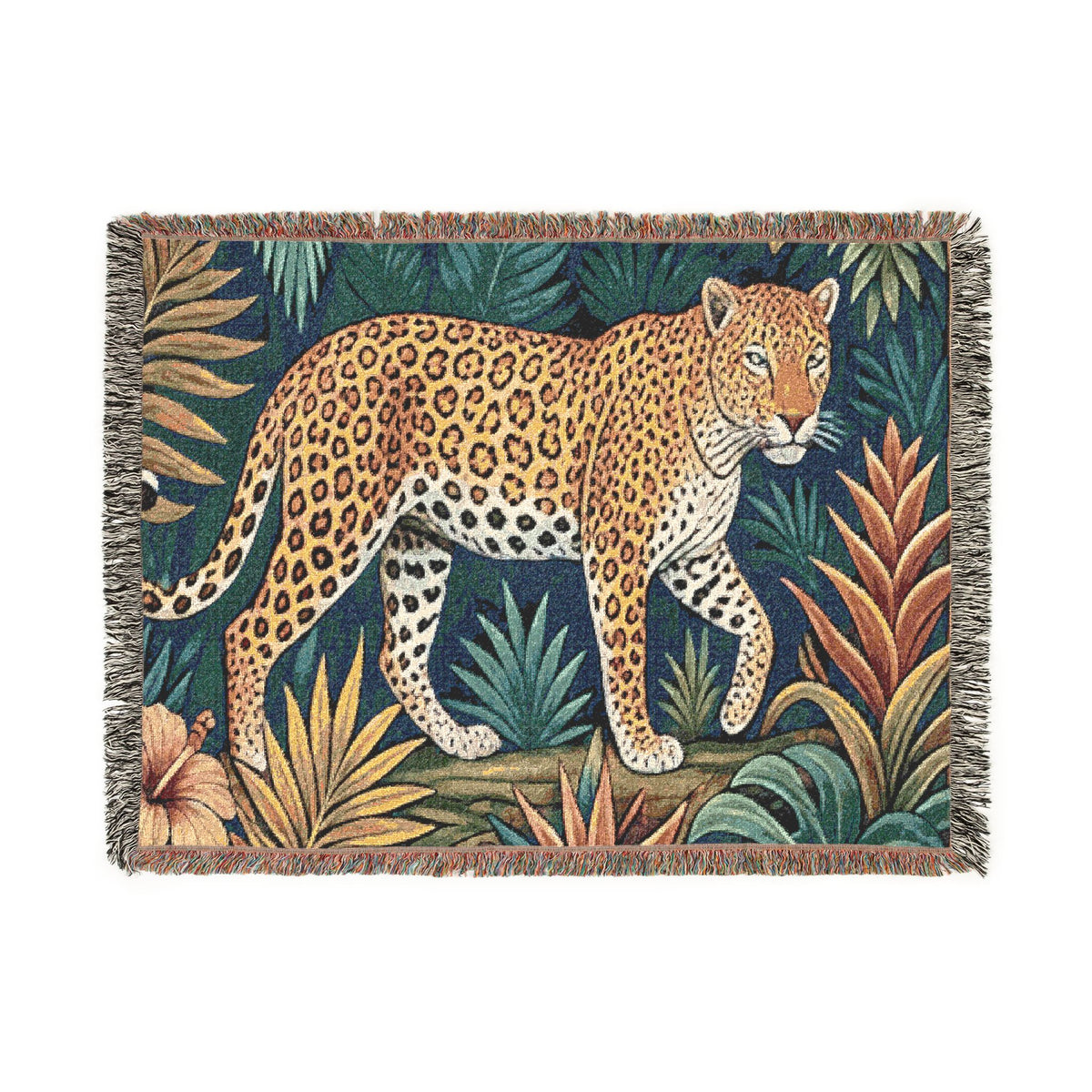 Leopard Jungle Tapestry Woven Blanket | Botanical Animal Throw