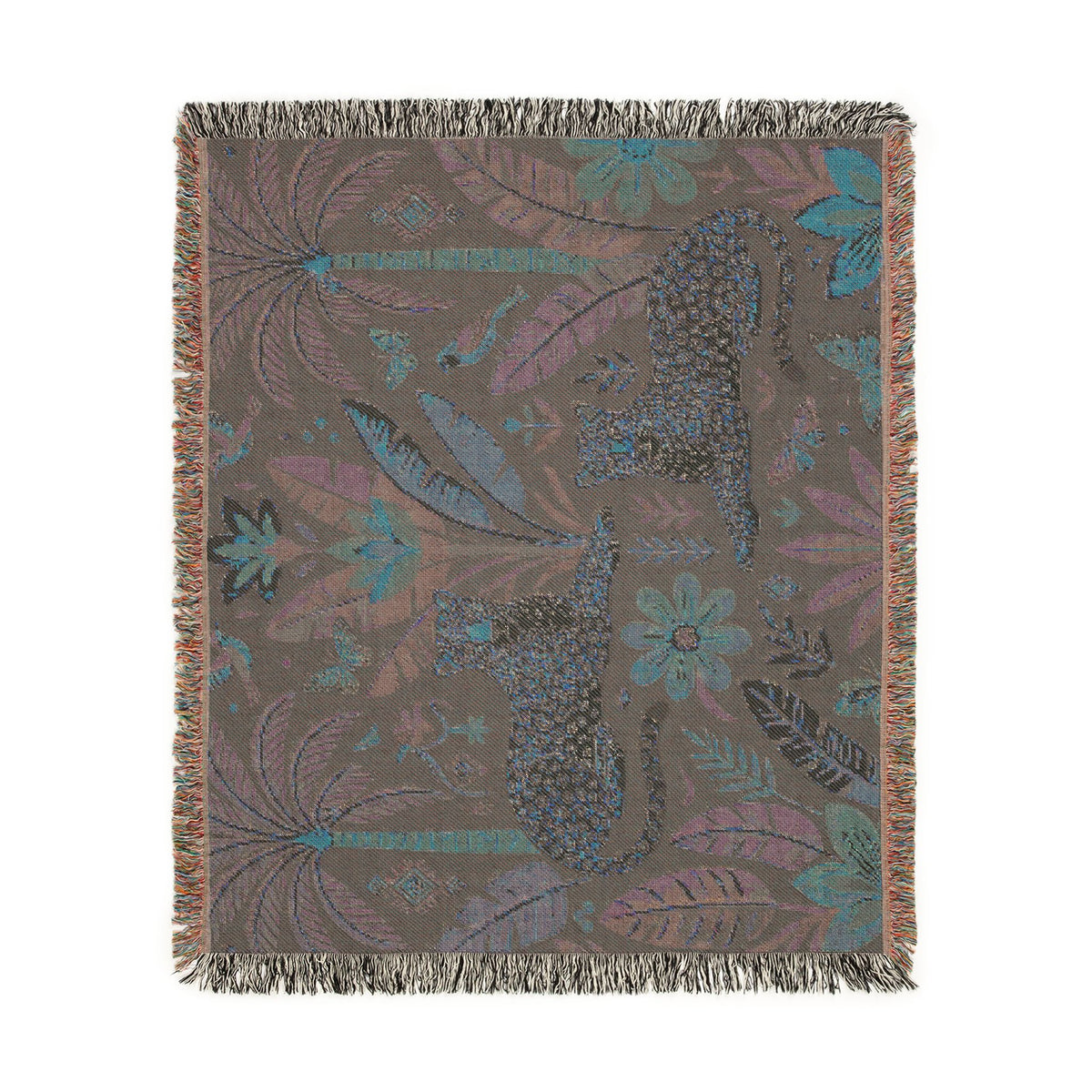 Tropical Leopard Tapestry woven blanket | jungle palm motif, floral tapestry throw