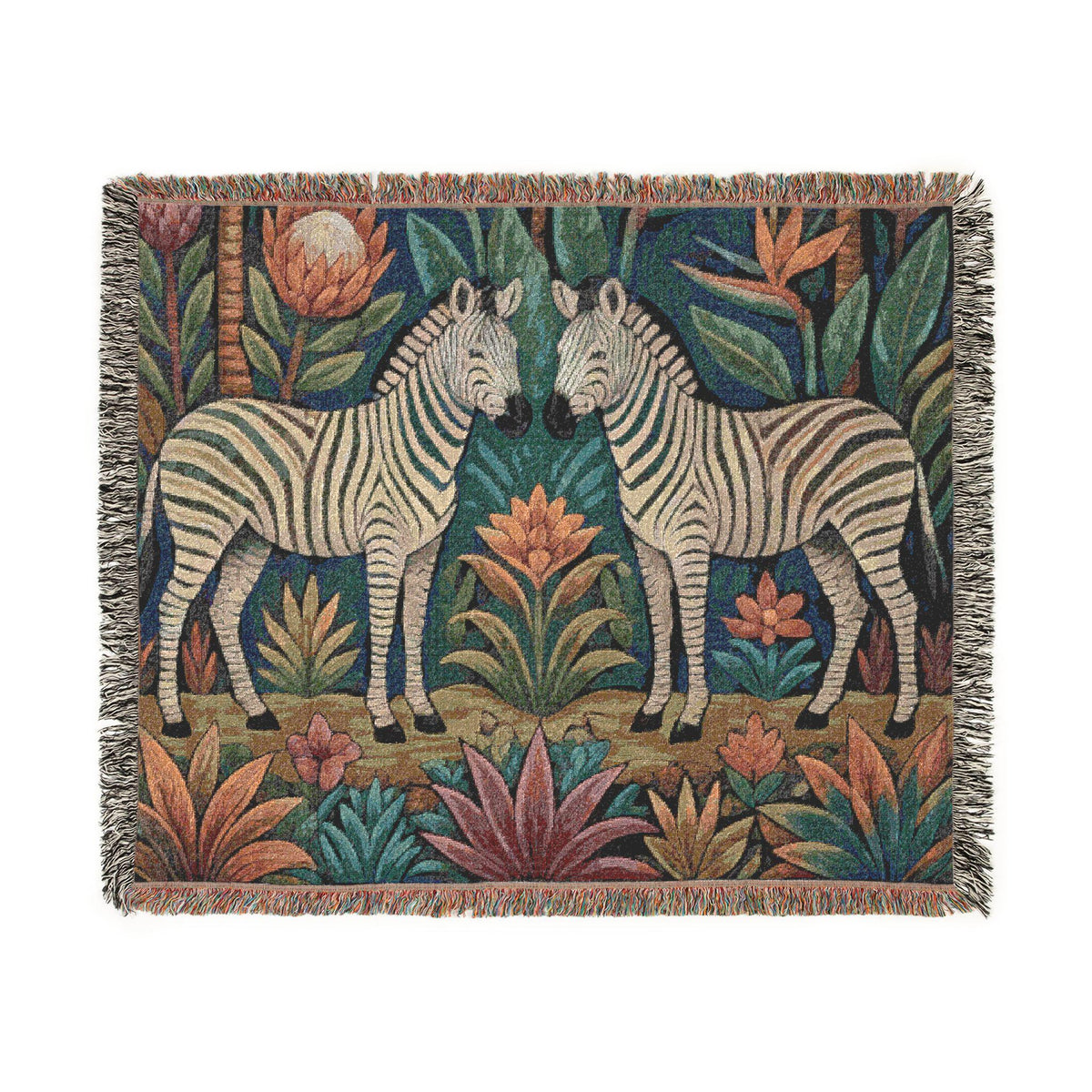 Zebra Folklore Woven Blanket | Tapestry Animal Throw, Botanical Motif