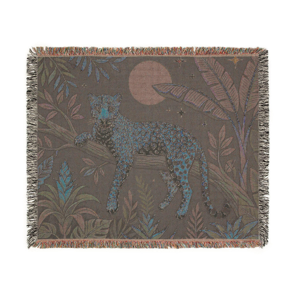Leopard in Jungle Woven Blanket | Tapestry Throw, Nighttime Botanical Design