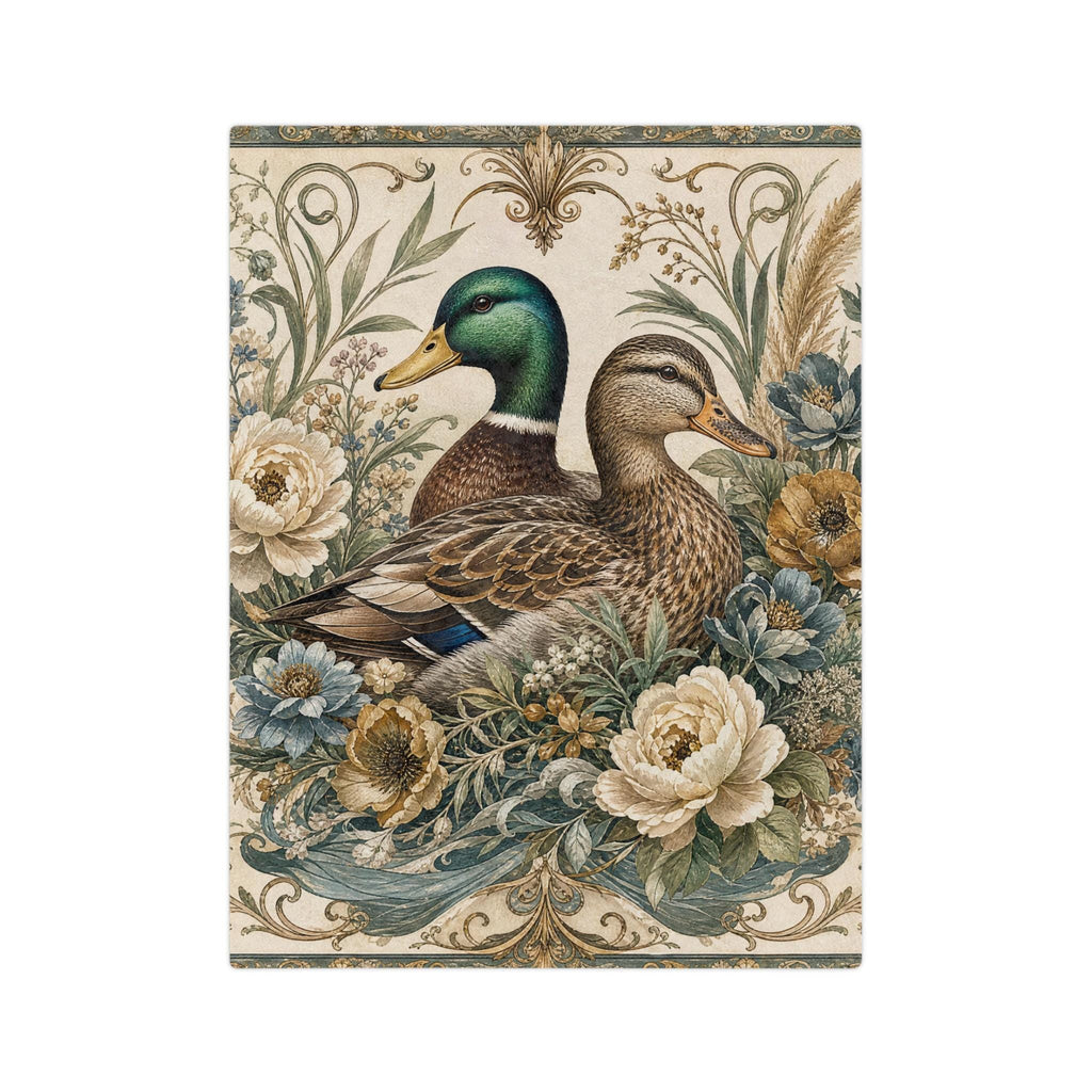 Mallard Duck Floral Illustration Velveteen Microfiber Blanket | Vintage Botanical