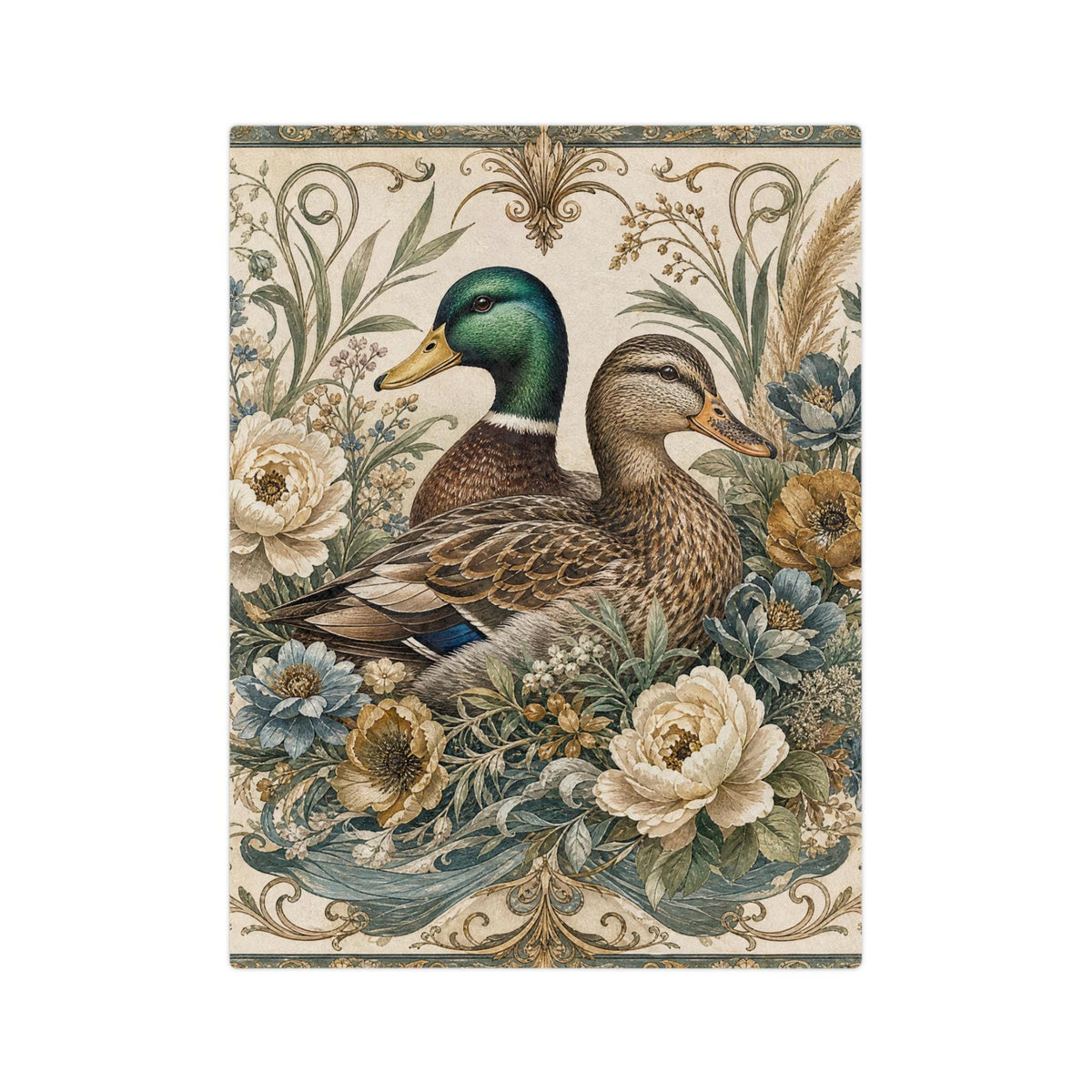 Mallard Duck Floral Illustration Velveteen Microfiber Blanket | Vintage Botanical