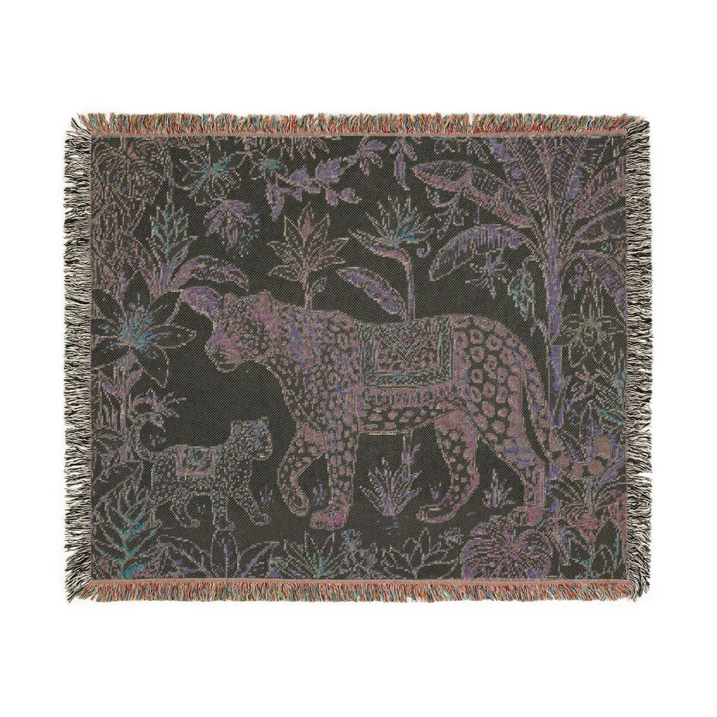 Leopard & Cub Floral Tapestry Woven Blanket | Boho Jungle Animal Throw